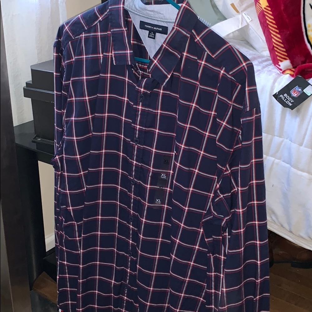 Navy and red button up